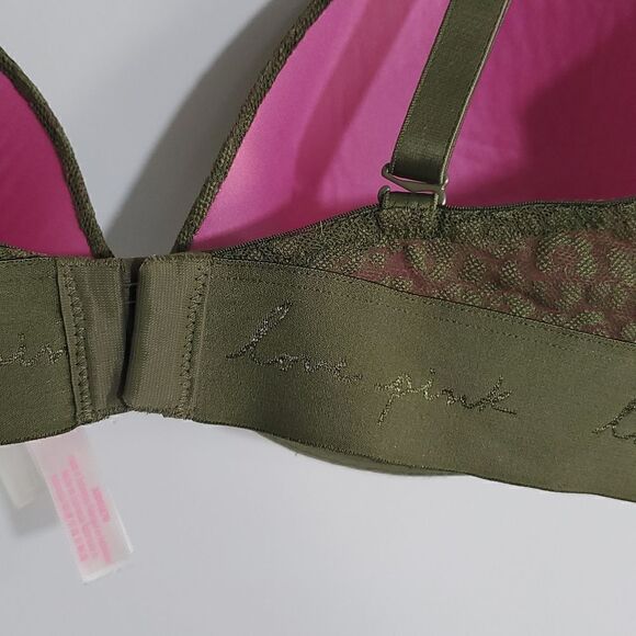 PINK Victoria's Secret Wear Everywhere T-Shirt Lightly Lined Green Lace 32DD - Picture 4 of 11